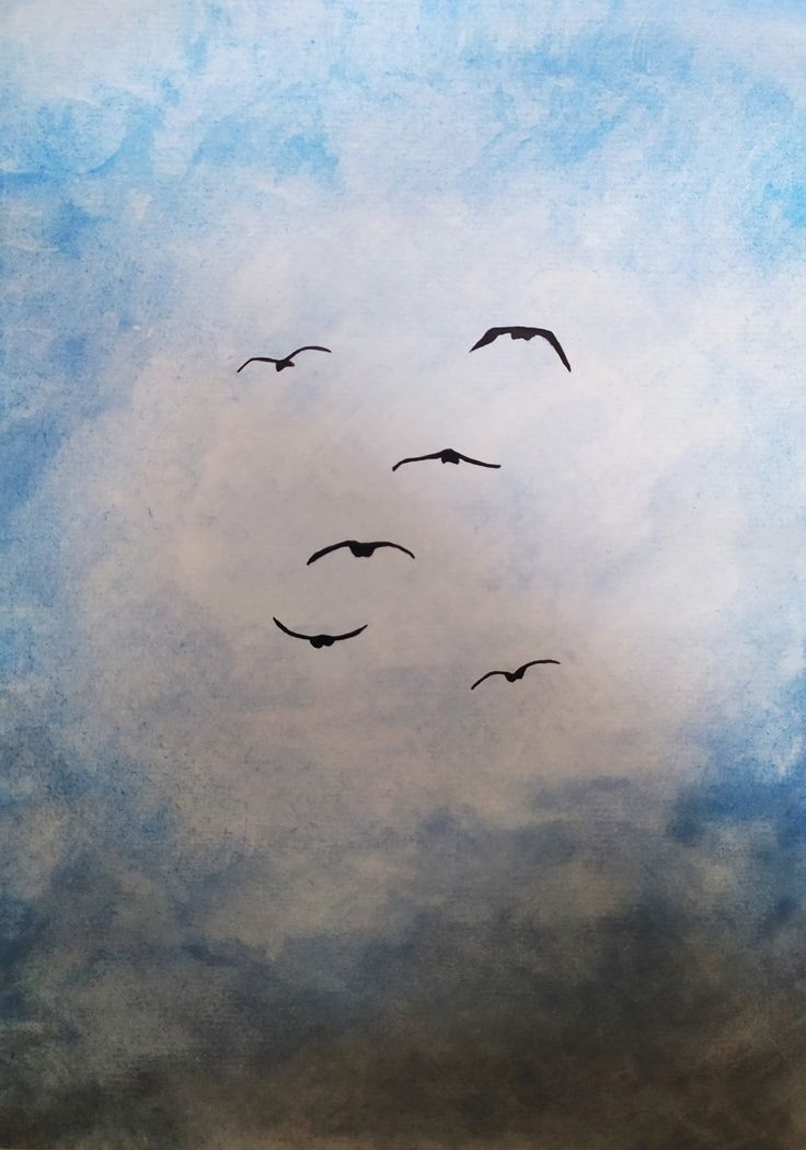 a painting of birds flying in the sky