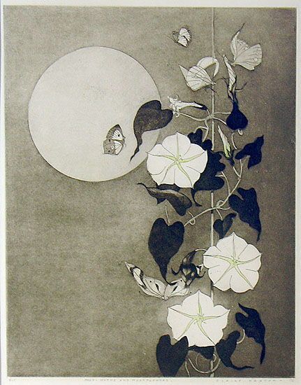 a drawing of white flowers and butterflies on a gray background with the moon in the distance