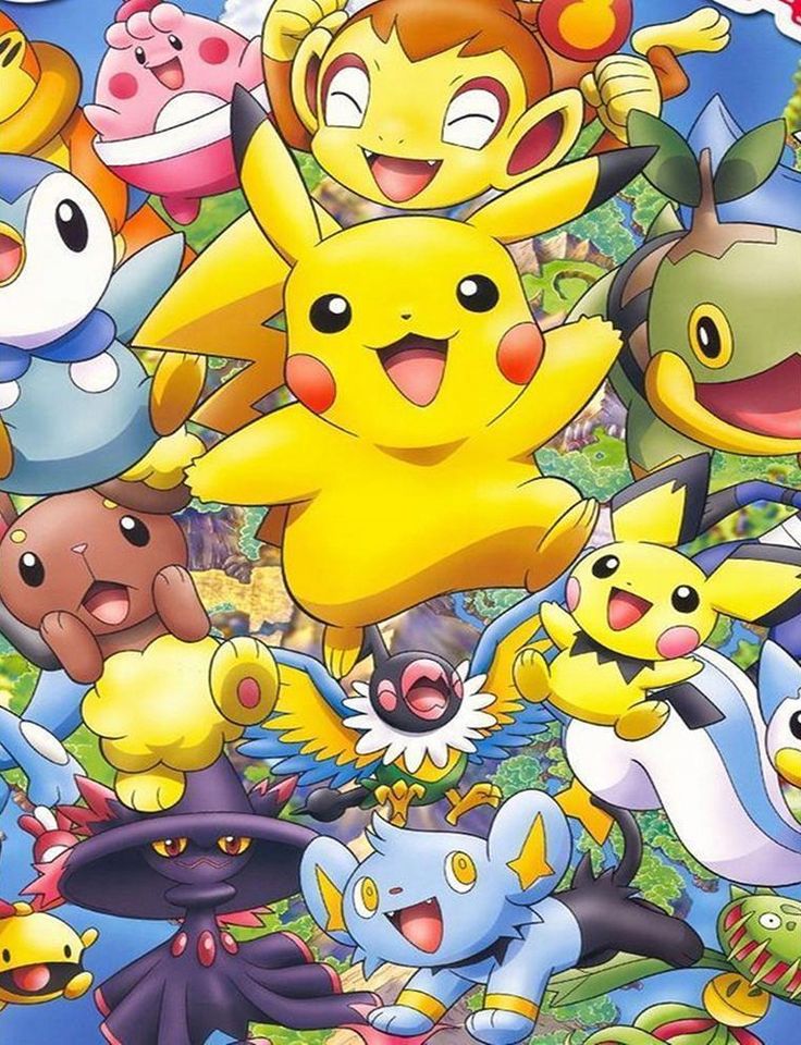 the pokemon movie poster with many different characters on it's back ground, including pikachu and other cartoon characters