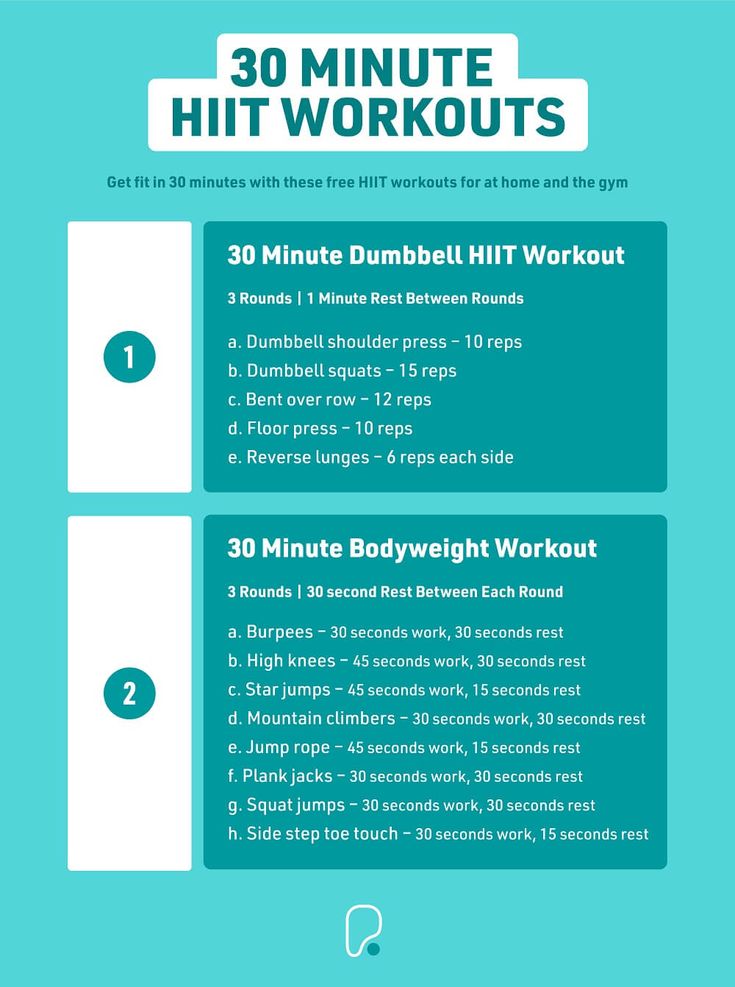 the 30 minute hiit workout plan is shown in blue and white, with instructions on how