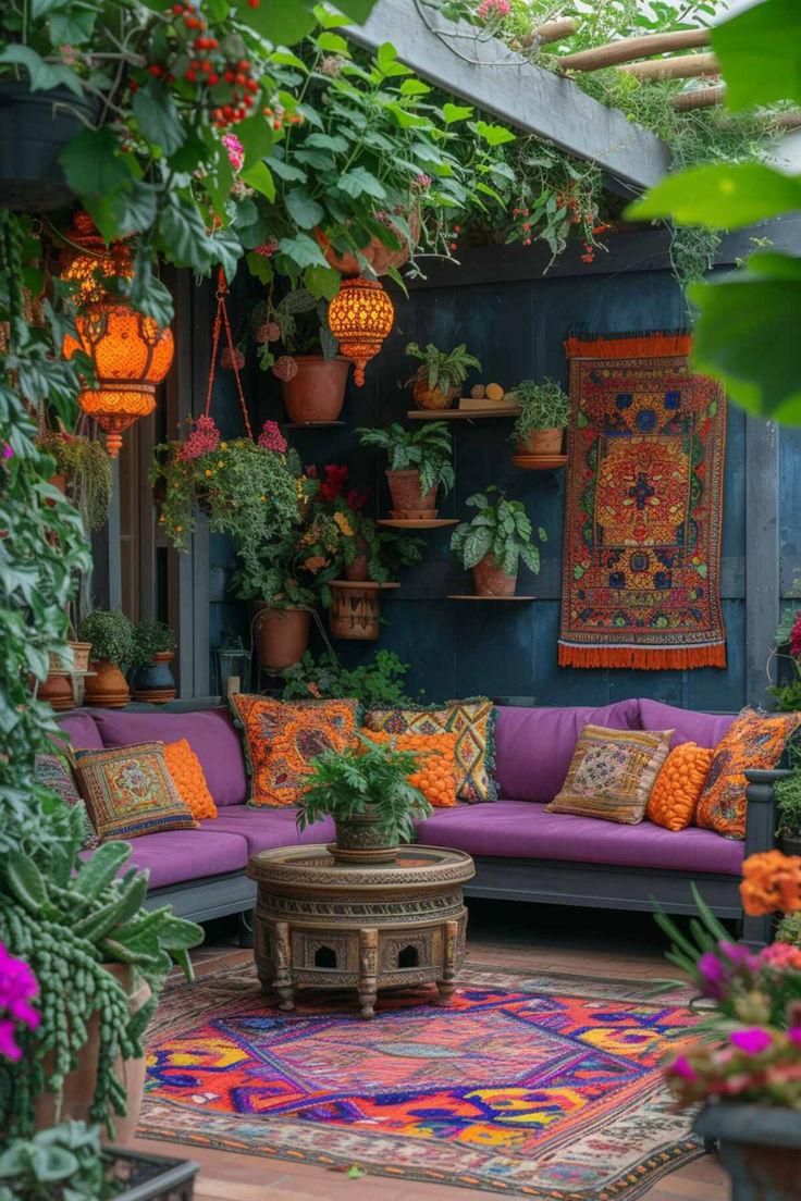 42 Charming Corner Garden Ideas to Add Style to Your Yard Bohemian Patio, Boho Patio, Corner Garden, Backyard Garden Design, Balcony Design, Outdoor Patio Decor, Futurism, Backyard Patio Designs, Patio Ideas