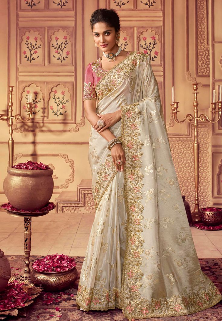 Chinon Saree with blouse in Cream colour 8004 Desc: Color : Cream Fabric : Chinon Georgette Work : Embroidery Sequence Wash Care : Dry clean Sleeve Style : Half Sleeve Long Sleeves : Done only in Custom Stitch Sleeves Lining : Done only in Custom Stitch Bust Size : 32 to 42 Inches Occasion : Wedding Festival Diwali Mehendi Sangeet Engagement Reception Ceremonial Party Wear. With Express Free Shipping Buy Indian Party wedding and bridal Sarees Chinon Saree with blouse in ... Off White Saree, Dupion Silk Saree, Reception Saree, Wedding Sarees Online, Sabyasachi Lehenga, Party Mode, White Saree, Red Lehenga, Indian Wedding Wear