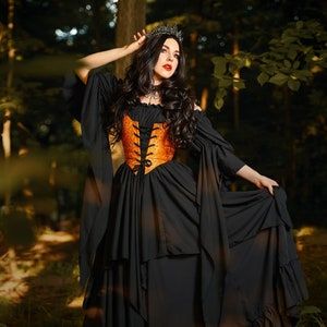 Reminisce Renaissance Outfit Medieval Dress Sorceress - Etsy Fitted Gothic Cosplay Costume For Festival, Black Gothic Corset Dress For Larp, Gothic Fitted Cosplay Costume For Festival, Black Corset Dress For Halloween Fantasy Events, Long Sleeve Corset Dress For Halloween Cosplay, Witchy Corset Dress For Cosplay, Fantasy Halloween Festival Costumes, Witchy Overbust Dress For Cosplay, Gothic Corset Dress For Halloween Cosplay