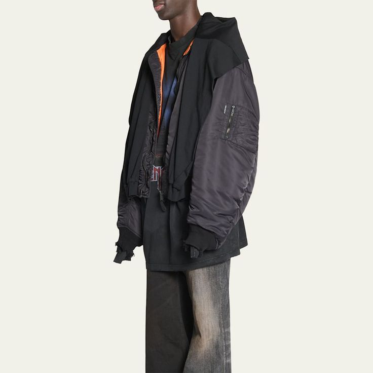 Balenciaga "Incognito" pieced bomber jacket in vegetable dyed nylon and vintage jersey Hooded neckline Two-way zip closure Side pockets Cinched sleeves with zip pocket Banded cuffs and hem Nylon/polyamide/cotton Dry clean Made in Italy Nylon Outerwear With Zip Cuffs For Streetwear, Hooded Streetwear Outerwear With Zip Cuffs, Nylon Hooded Jacket With Zipper For Streetwear, Casual Streetwear Hooded Jacket With Zip Cuffs, Fall Streetwear Hoodie With Zip Cuffs, Casual Hooded Jacket With Zip Cuffs For Streetwear, Long Sleeve Hooded Jacket With Zip Cuffs For Streetwear, Hooded Long Sleeve Jacket With Zip Cuffs For Streetwear, Fall Nylon Hooded Jacket With Zip Cuffs