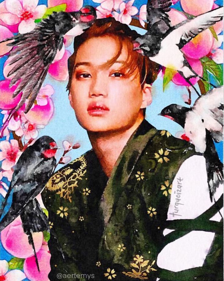 a painting of a young man surrounded by birds