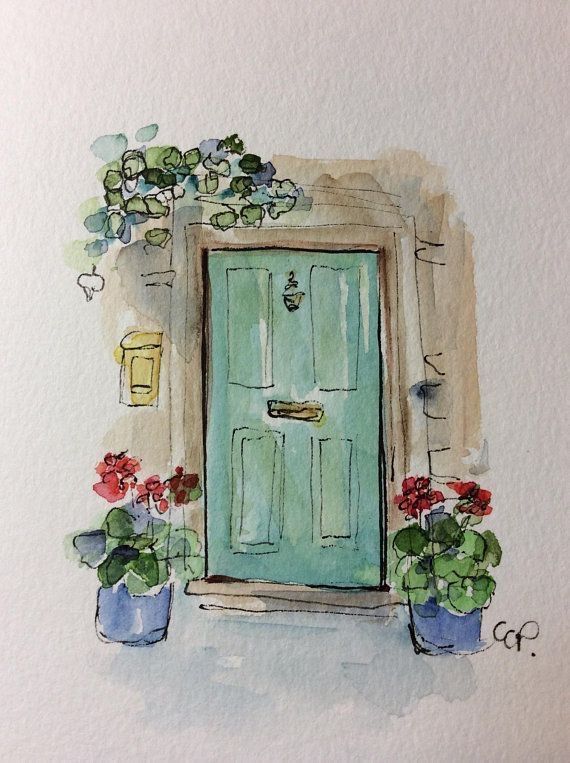 a watercolor painting of a green door with potted plants