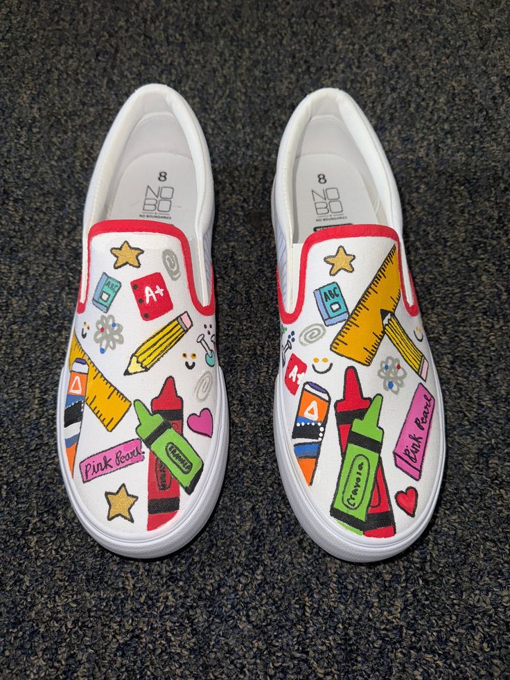 Women's hand painted casual slip on shoes for educators. Great for yourself or a gift! School Spirit Shoes Painted, Painting On Shoes Ideas Design, Diy Teacher Shoes, Teacher Shoes Painted, Easy Shoe Painting Ideas, Diy Shoe Painting Ideas, Teacher Sneakers, Painted Vans Slip On, Custom Adidas Superstar