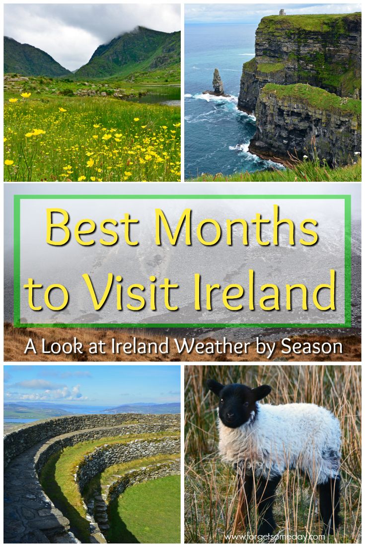 the cover of best months to visit ireland with pictures of sheep, cliffs and water