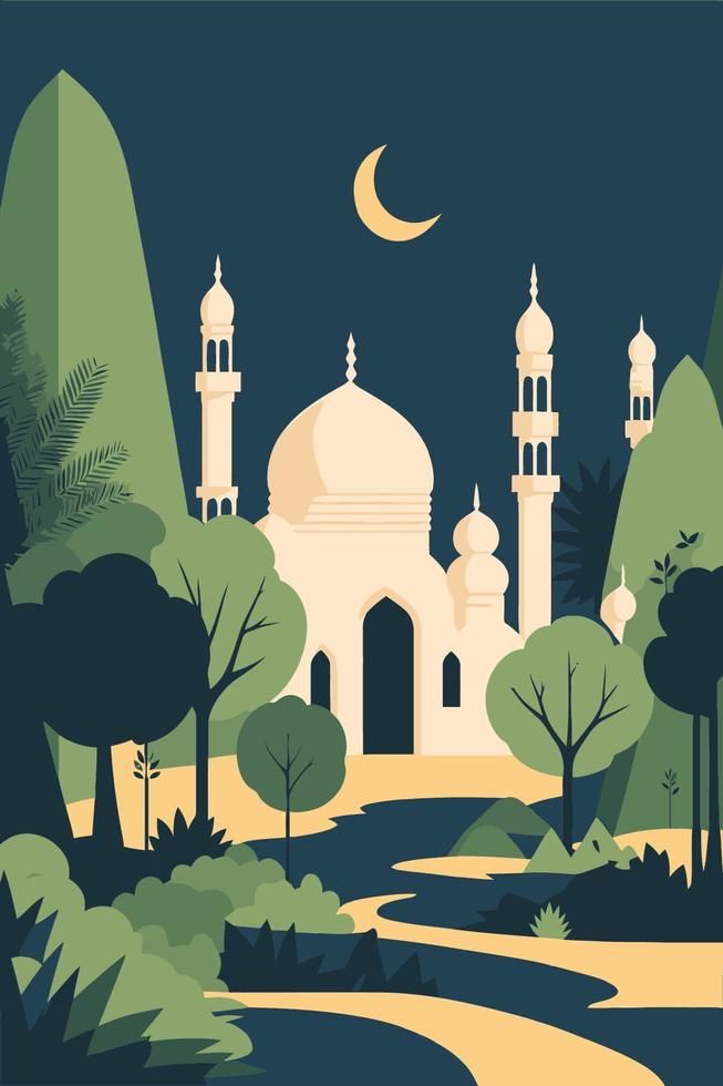 an illustration of a mosque surrounded by trees and bushes with a moon in the sky