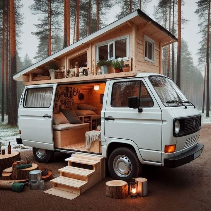 a van parked in the woods with its door open and stairs leading up to it