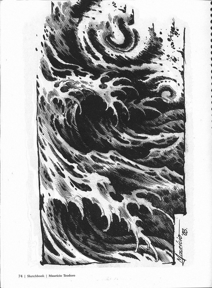 a black and white drawing of waves in the ocean