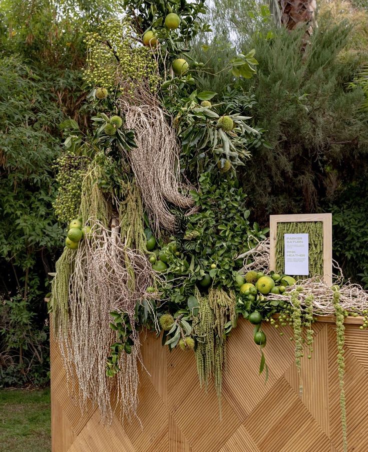 a wooden planter filled with lots of green plants