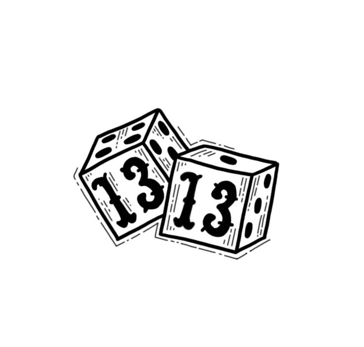 two dices with the numbers thirteen and thirteen on each side, drawn in black ink