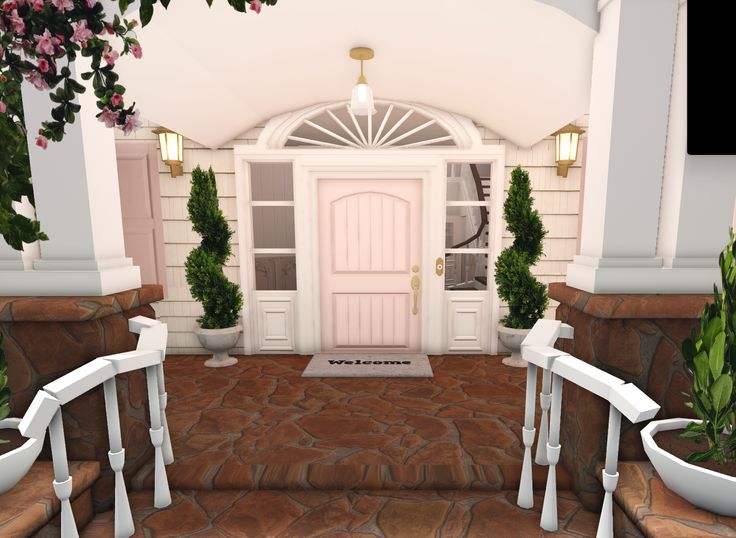 the entrance to a house with potted plants on either side and a pink door