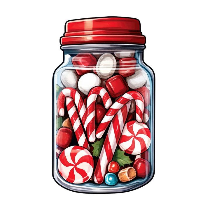 a jar filled with candy canes and candies on top of a white background