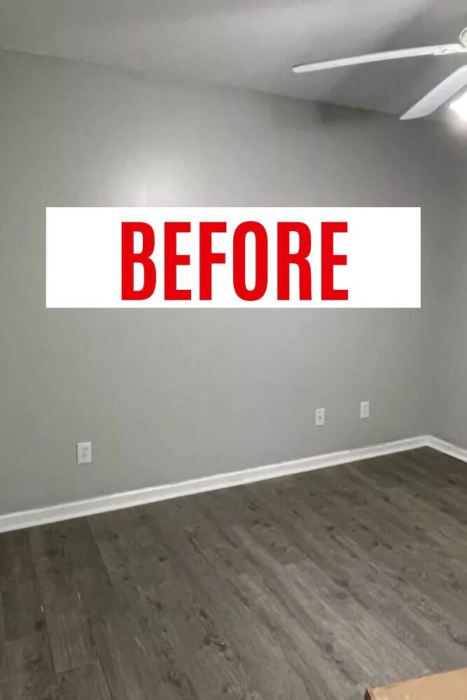 an empty room with the words before painted in red on the wall and below it is a white ceiling fan