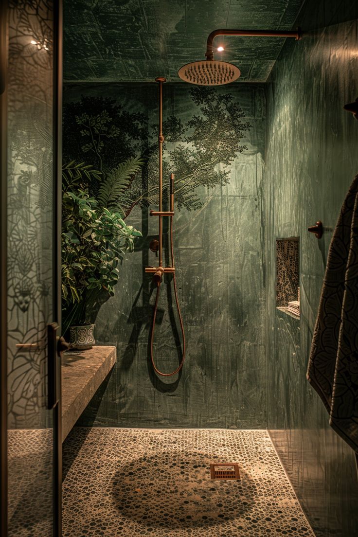 a bathroom with green walls and tiled flooring, shower head is on the wall