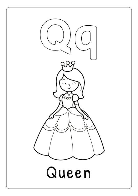 the letter q is for queen in this alphabet coloring page, it has an image of a