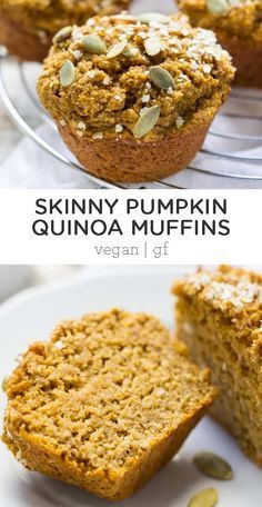 a close up of a muffin on a plate with the words skinnyy pumpkin quinoa muffins