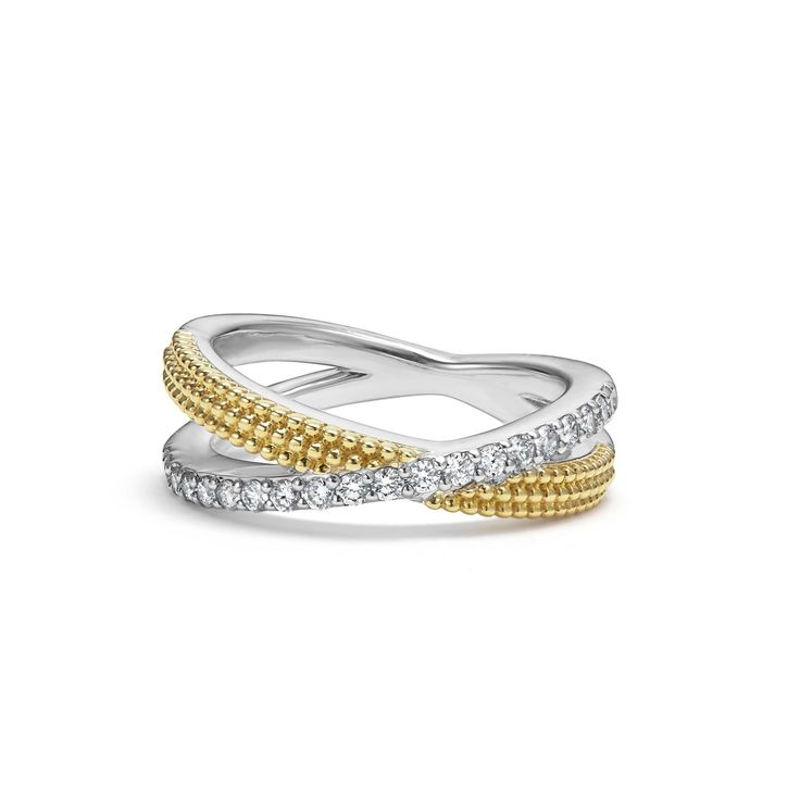 Diamonds and 18k gold Caviar beading on a sterling silver band form this X-ring. LAGOS diamonds are the highest quality natural stones. Elegant Diamond Multi-stone Stackable Rings, Elegant Multi-stone Stackable Rings, Elegant Silver Multi-stone Stackable Rings, Elegant White Gold Stackable Rings With Multi-stone, Elegant White Gold Multi-stone Stackable Rings, Elegant Multi-stone Diamond Ring With Round Band, Crossover Ring, Engraved Items, Ring Size Guide