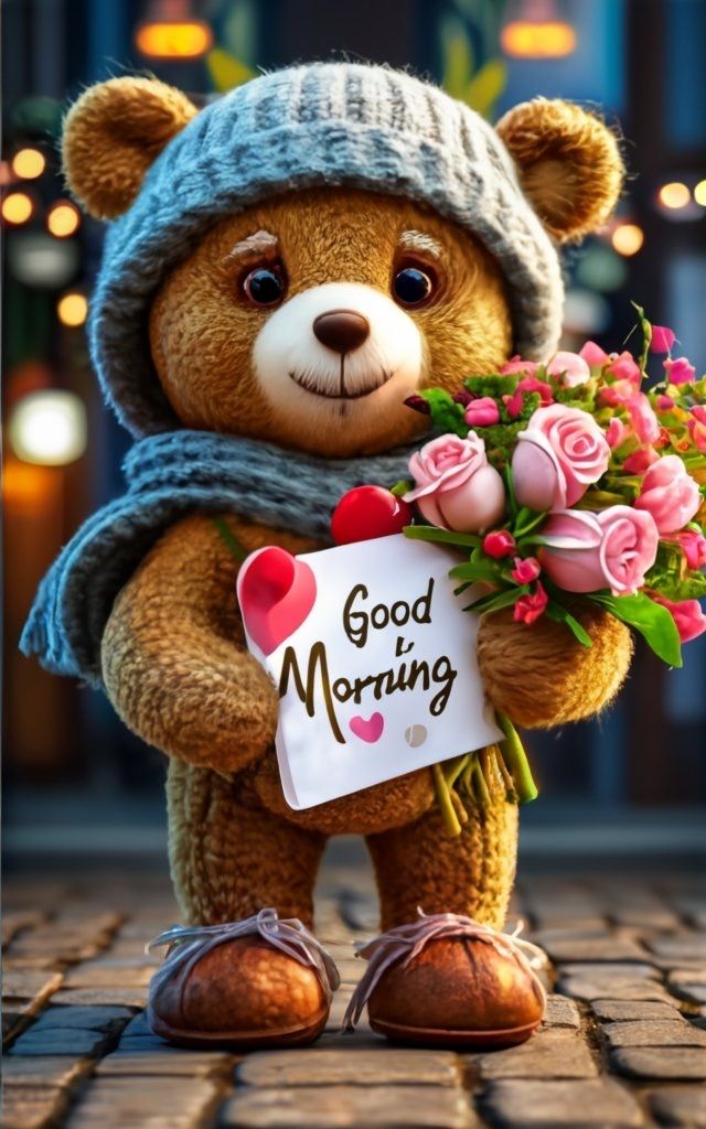 a brown teddy bear holding a bouquet of flowers and a sign that says good morning