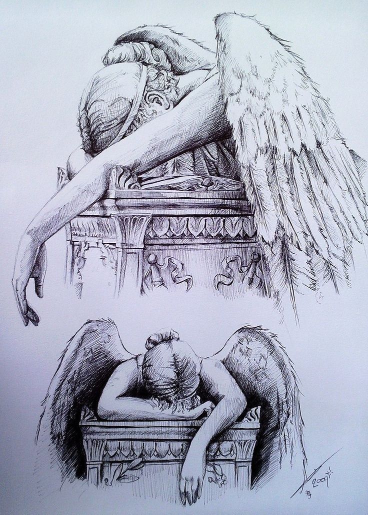 a drawing of two people sleeping on a bench with angel wings over their heads and arms