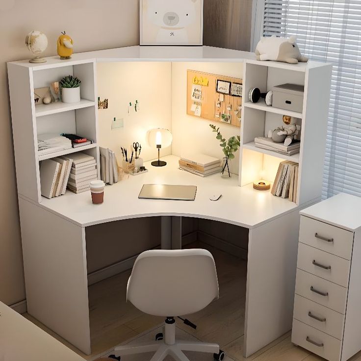 a white corner desk with an open book shelf