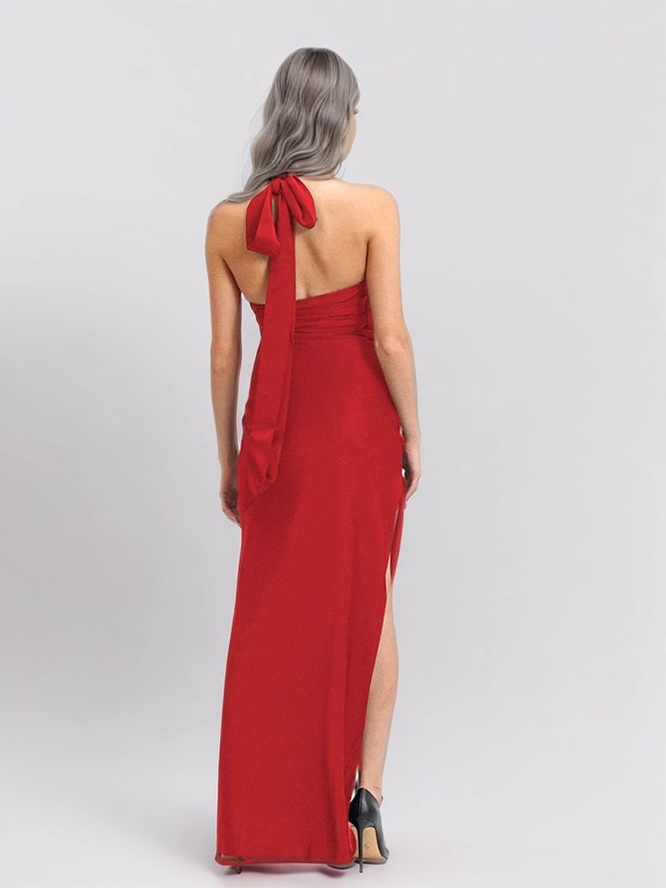 specification Red Backless Dress With Tie Back, Red Sleeveless Dress With Tie Back, Red Fitted Evening Dress For Spring, Elegant Red Backless Maxi Dress, Solid Color Maxi Dress With Tie Back For Party, Party Maxi Dress With Tie Back, Fitted Red Summer Evening Dress, Fitted Red Evening Dress For Summer, Red Tie-back Maxi Dress For Party