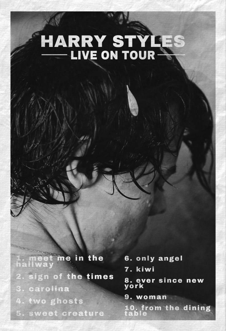 harry styles live on tour poster with the band's name in black and white