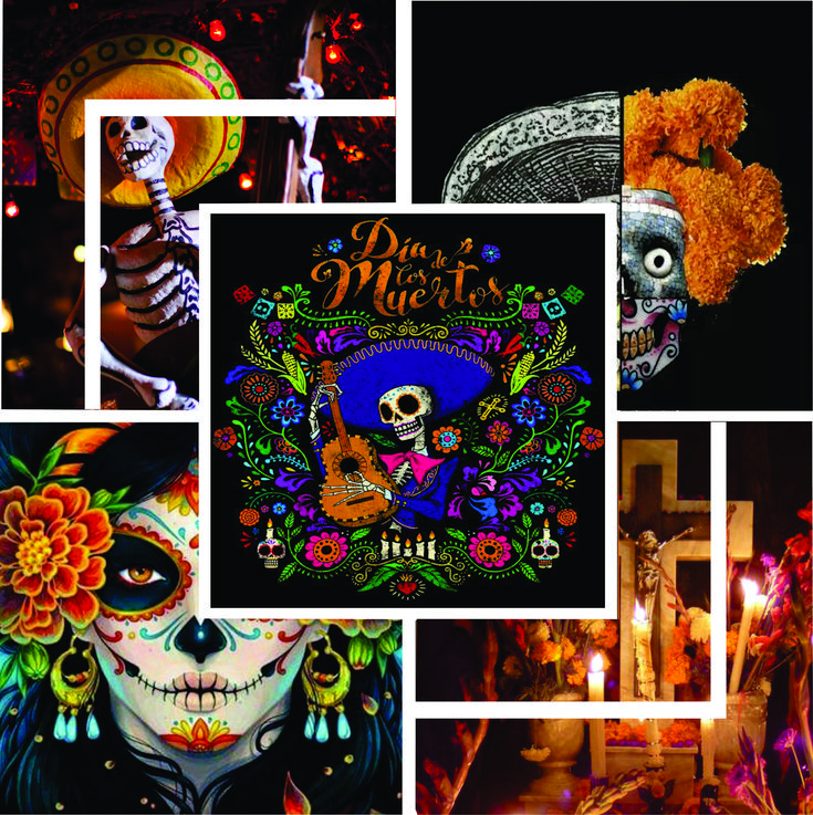 a collage of images with skulls and flowers on them, including a woman in day of the dead makeup