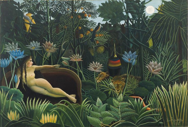 a painting of a woman laying in the jungle surrounded by plants and other animals,