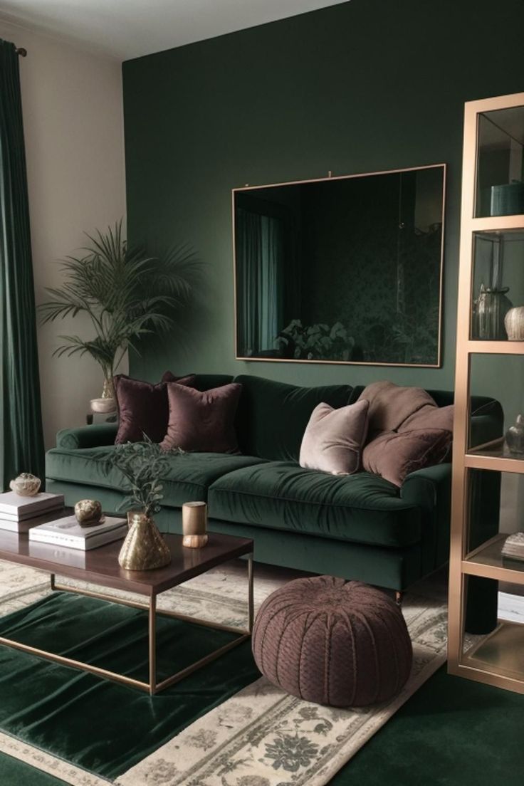 a living room filled with furniture and green walls