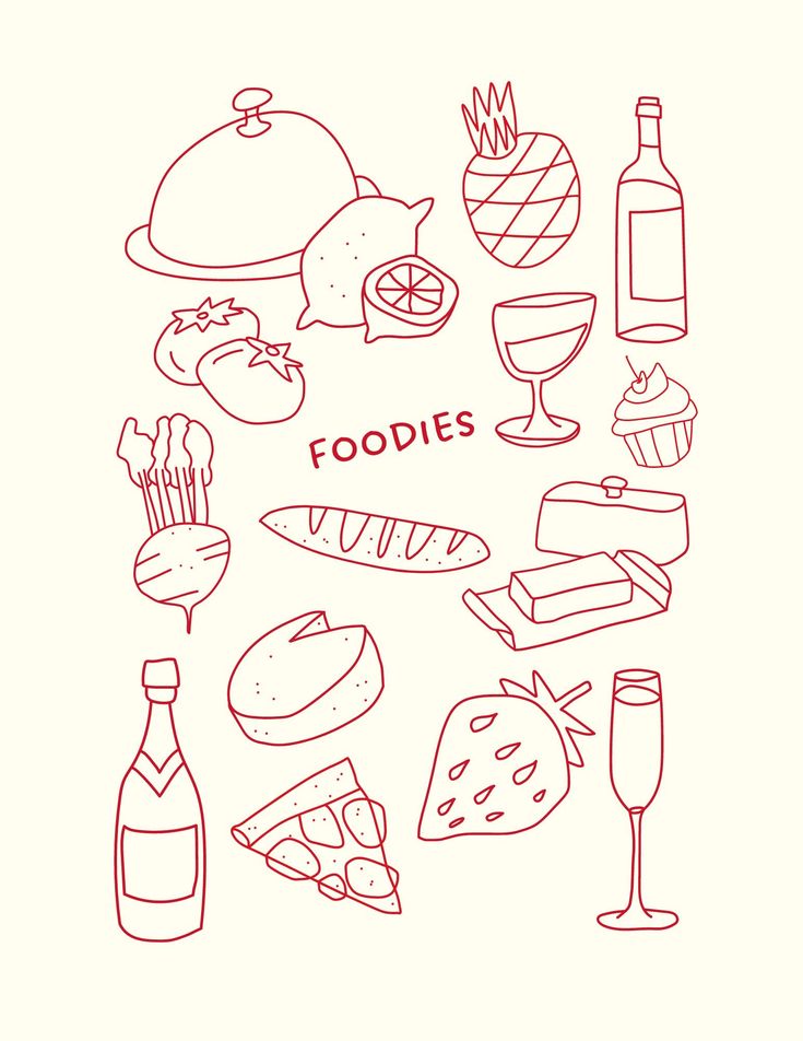 a drawing of food and drinks with the words foodies written in red on it