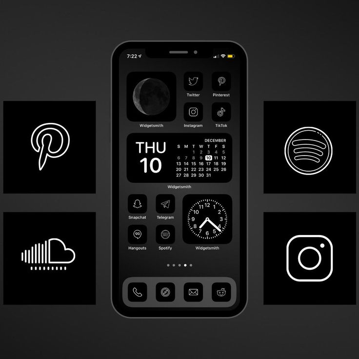 an iphone with various icons on the screen and in front of it is a black background