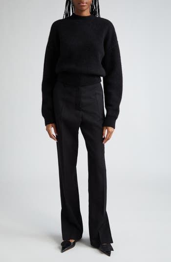 Crisp creases further the polished look of these high-waisted wool straight-leg pants designed with long slits at the hems. 34 1/2" inseam; 17" leg opening; 13 3/4" front rise; 16 1/2" back rise (size 42 FR) Zip fly with hook-and-bar closure Front slant pockets; back welt pockets 100% wool Dry clean Made in Bulgaria Designer Clothing Formal Straight Silhouette Pants With Belt Loops, Formal Bottoms With Belt Loops And Straight Silhouette, Formal Bottoms With Straight Silhouette, Chic Straight Silhouette Evening Bottoms, Chic Straight Silhouette Pants For Evening, Chic Straight Silhouette Evening Pants, Elegant Formal Wide Leg Pants With Straight Silhouette, Chic Formal Bottoms With Straight Silhouette, Chic Formal Straight Silhouette Bottoms