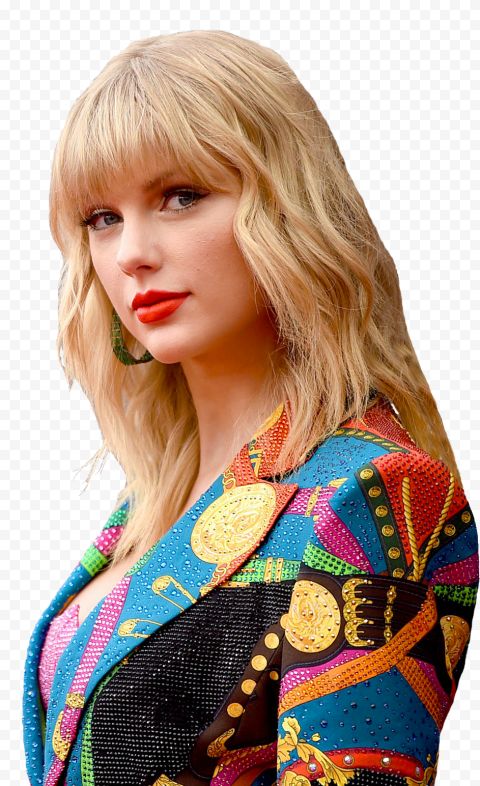 a woman with long blonde hair and bright red lipstick wearing a colorful jacket, transparent background