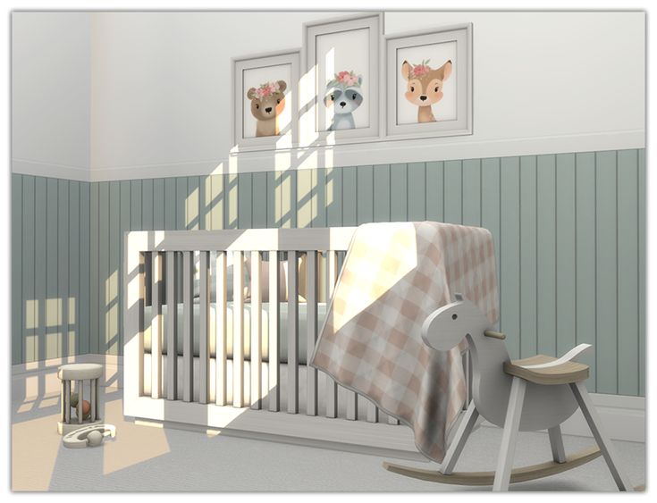 a baby's room with a rocking horse and pictures on the wall