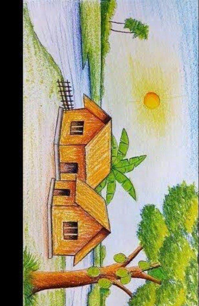 a drawing of a house in the middle of a forest with trees and water behind it