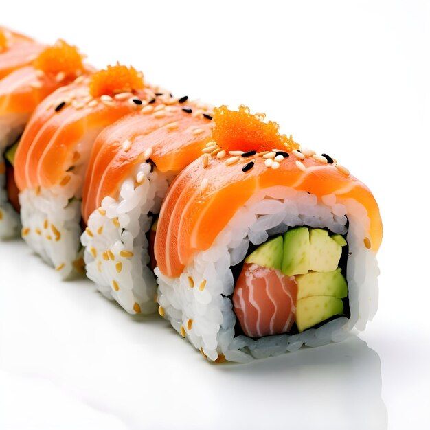 sushi rolls with cucumber, avocado and sesame seeds on white background