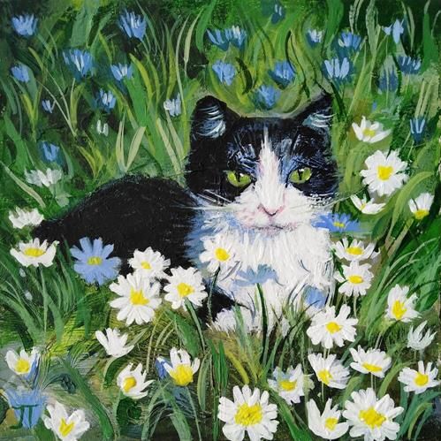 a painting of a black and white cat laying in the grass surrounded by daisies