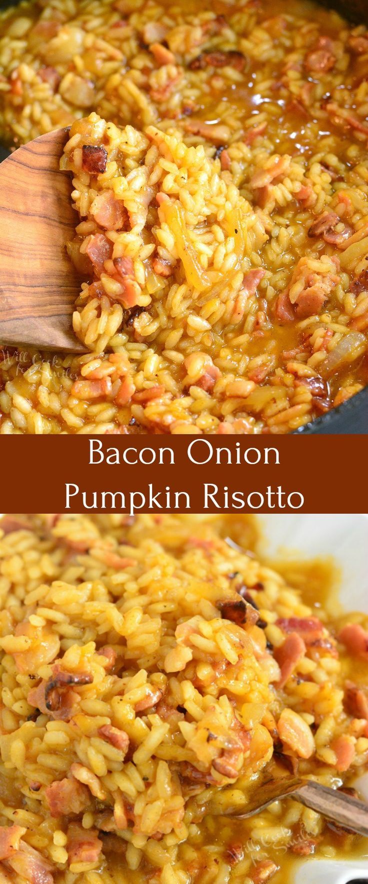 bacon onion pumpkin risotto is being stirred with a wooden spoon