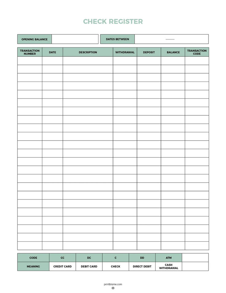 A free printable check register with columns for transaction details, including date, description, withdrawal, deposit, and balance, along with transaction code categories. Bank Ledger Printable Free, Check Register Free Printable Templates, Check Register Free Printable, Bill Organization Printables, Printable Check Register, Diy Cards For Boyfriend, Printable Checks, Reading Aloud, Business Accounting