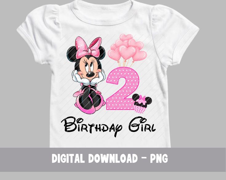 minnie mouse birthday shirt with the number two on it and pink balloons in the background