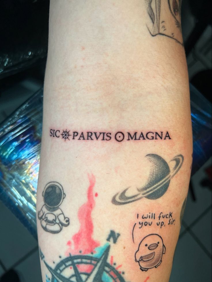 a person with tattoos on their arms and legs that says, sic parvis o magna i will pick you up