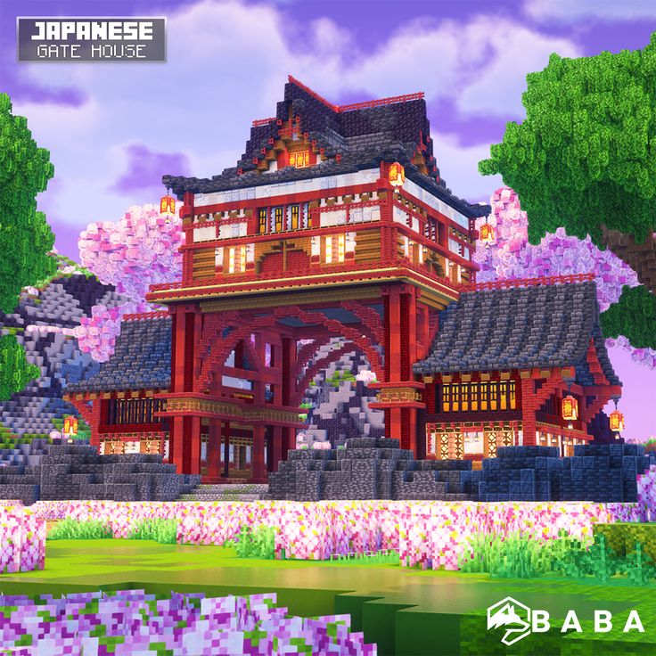 the japanese style building is surrounded by trees and flowers