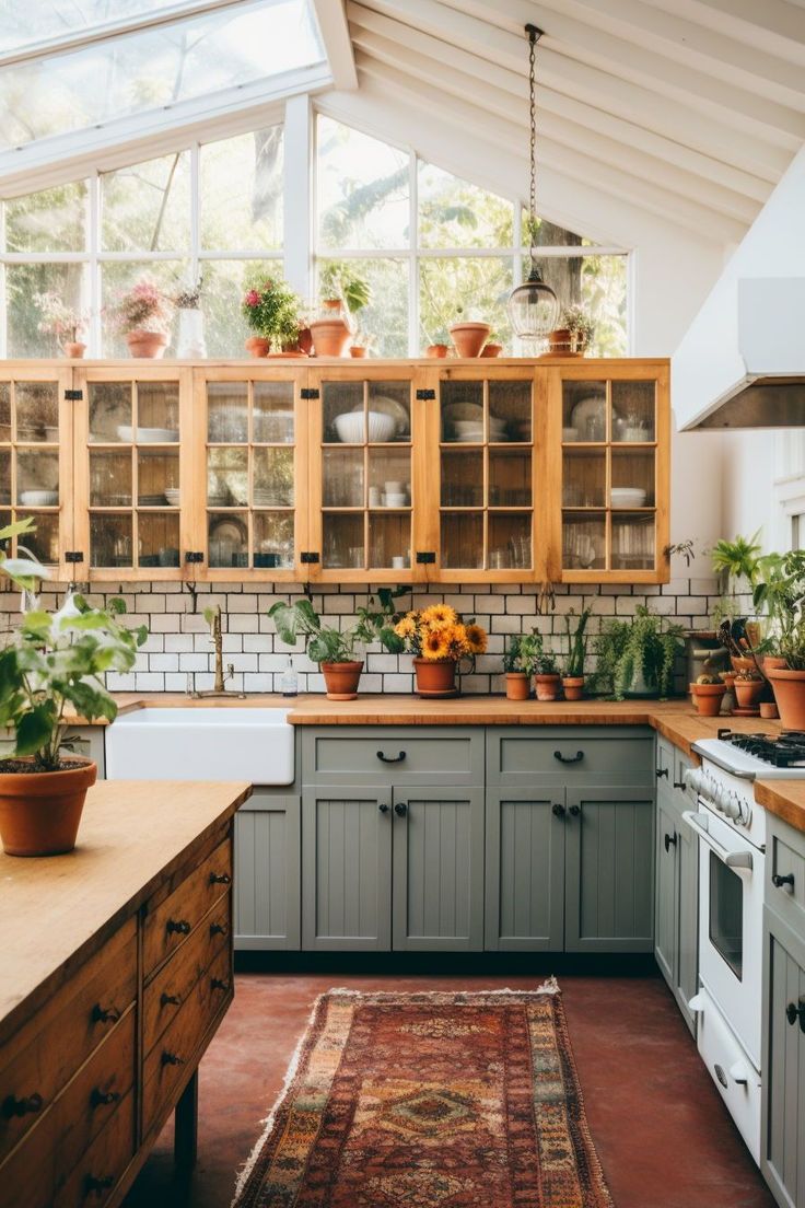 a kitchen filled with lots of potted plants