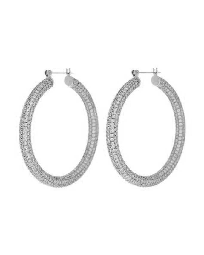 The simply stunning Pave Amalfi Hoops in Silver. Outside Diameter: 1.91" (49.7 mm) Tubing is 5 mm wide Each hoop weighs 10 grams (considered medium weight) Made from plated brass and Cubic Zirconia stones Plating is 0.03 microns + e-coating for long lasting durability Plated high polish Rhodium for maximum shine Hand set CZ stones for a luxe fine-jewelry look Posts are made from surgical steel so they are very hypo-allergenic for sensitive ears Earrings are 100% nickel-free and cadmium-free Avai Gizele Oliveira, Sensitive Ears Earrings, Luv Aj, Ear Earrings, Belly Chain, Cz Stone, Jewelry Plate, Amalfi, Jewelry Care