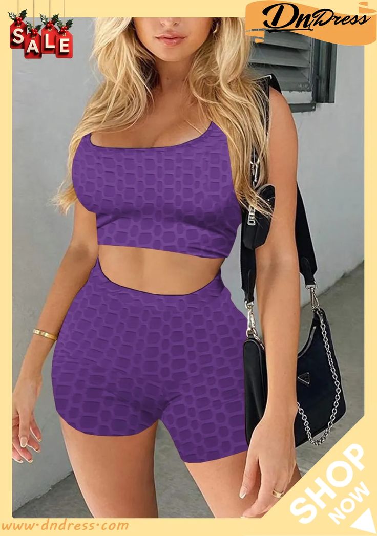 Summer Sports Purple Waffle Vest and Shorts 2pc Matching Set Fishnet Leggings, Textured Tank Top, Activewear Print, Dresses Club, Loose Tank Tops, Running Shorts Women, Summer Sports, Shorts Casual, Plus Size Leggings