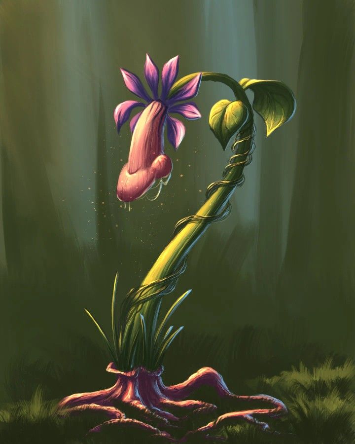 a painting of a plant with flowers growing out of it's roots