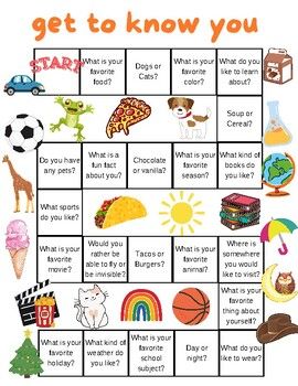 a printable game for kids to learn how to get to know you with pictures and words